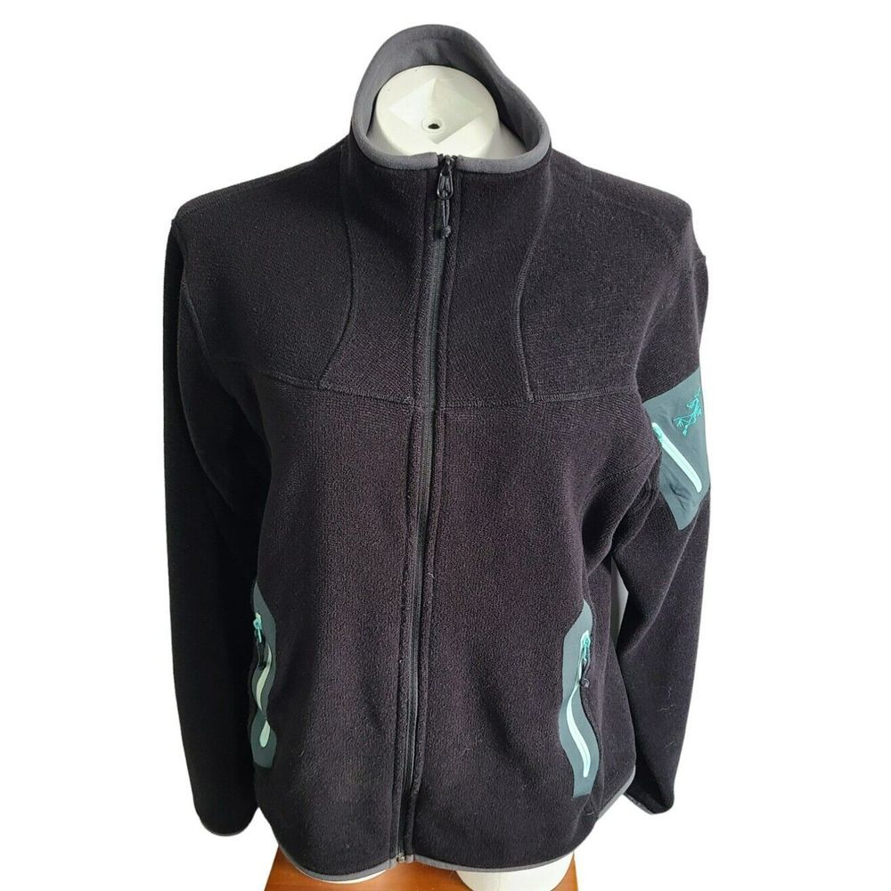 Arcteryx Womens Fleece Full Zip Jacket Black Teal Logo Pockets Size Large